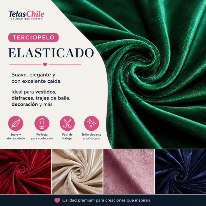 La Tela Terciopelo Elasticado destaca por su suavidad, brillo sutil y agradable textura aterciopelada. Su composición permite una excelente adaptación a diferentes diseños, brindando comodidad y una apariencia elegante en cada confección.