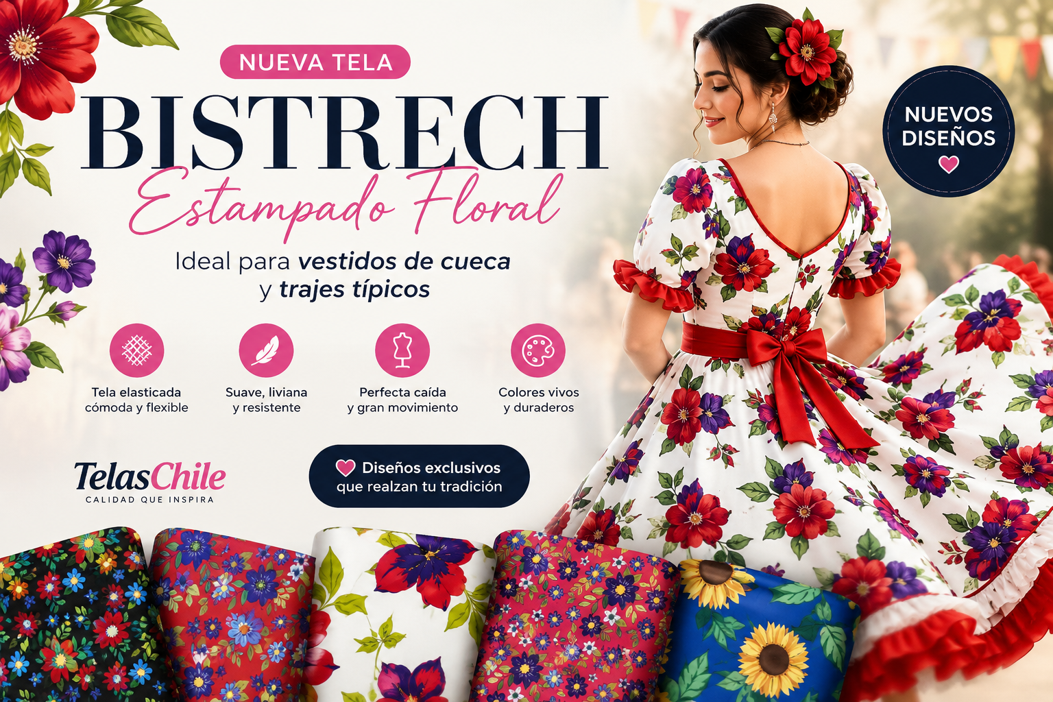 Tela Bistrech Estampado Floral para Vestidos de Cueca