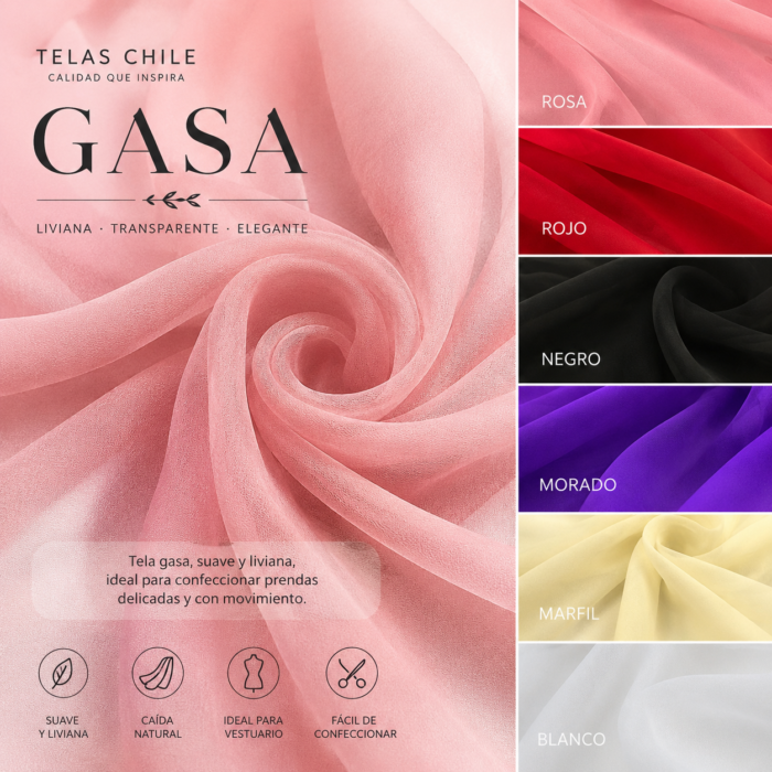 La tela gasa lisa es una de las telas más versátiles y utilizadas en confección y decoración gracias a su apariencia delicada, textura suave y excelente caída. Su tejido liviano permite crear prendas frescas, cómodas y con movimiento natural, siendo una excelente opción para vestidos, blusas, capas, faldas, pañuelos, vestuario de danza y disfraces.